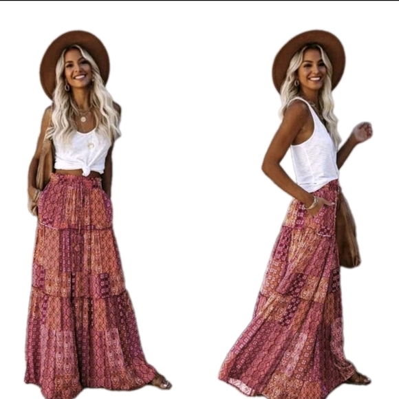Bohemian Maxi Skirt Long Stretch M L XL Plus Boho Style Casual to Elegant Skirts - Picture 2 of 11
